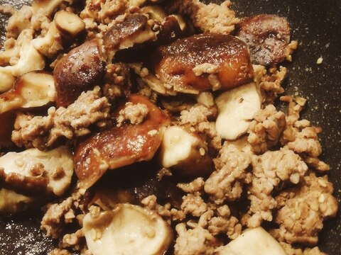 椎茸と牛豚合挽き肉の炒め物
